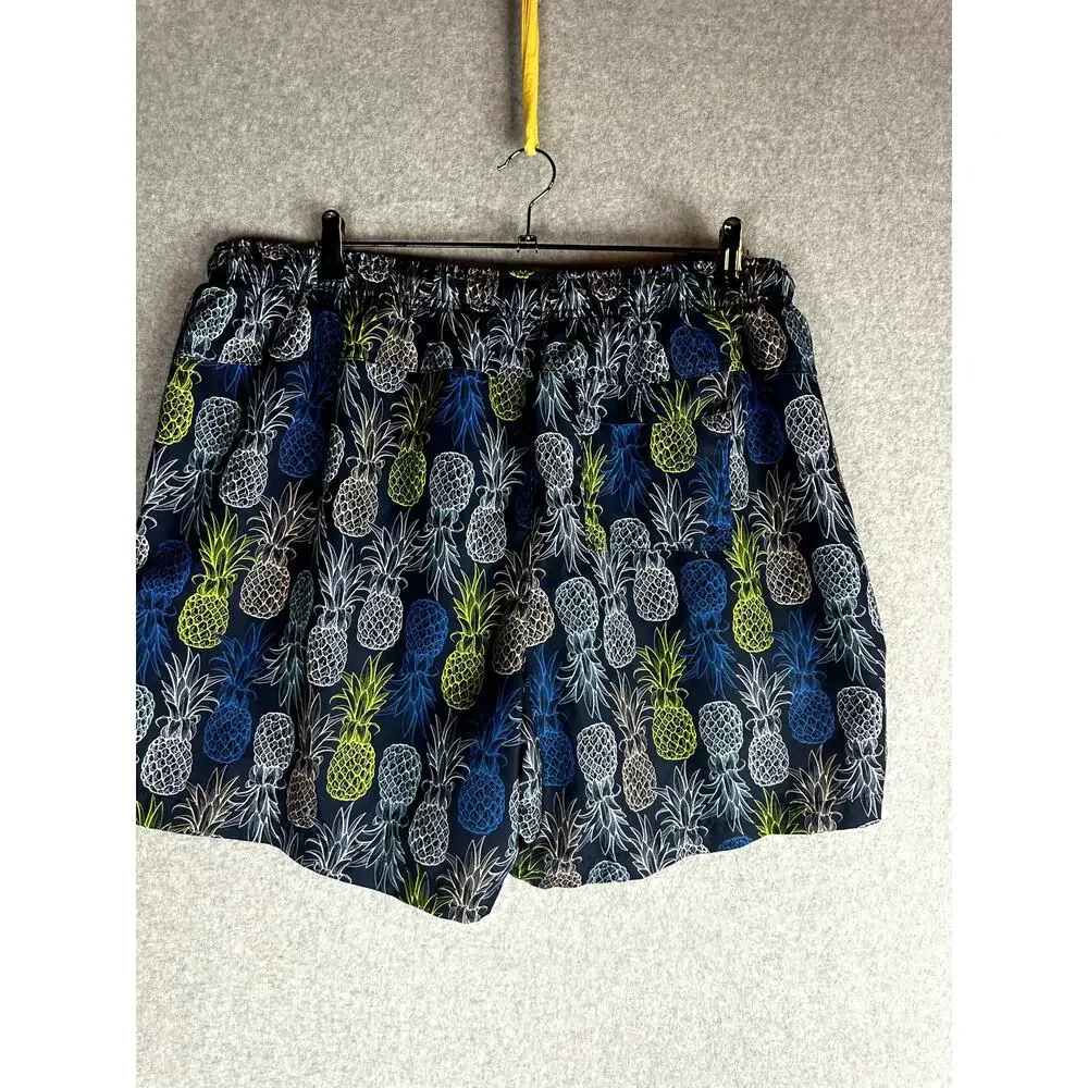DSG Mens Sz 2XL Swim Trunks Lined Blue Pineapple Fruit Pockets Elastic Waist